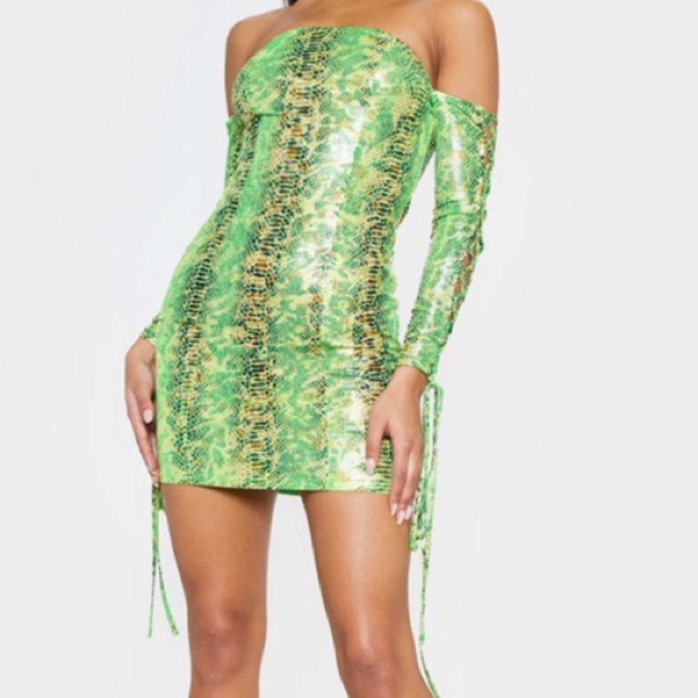 PLT Green and Gold Snakeskin Fitted Mini Dress